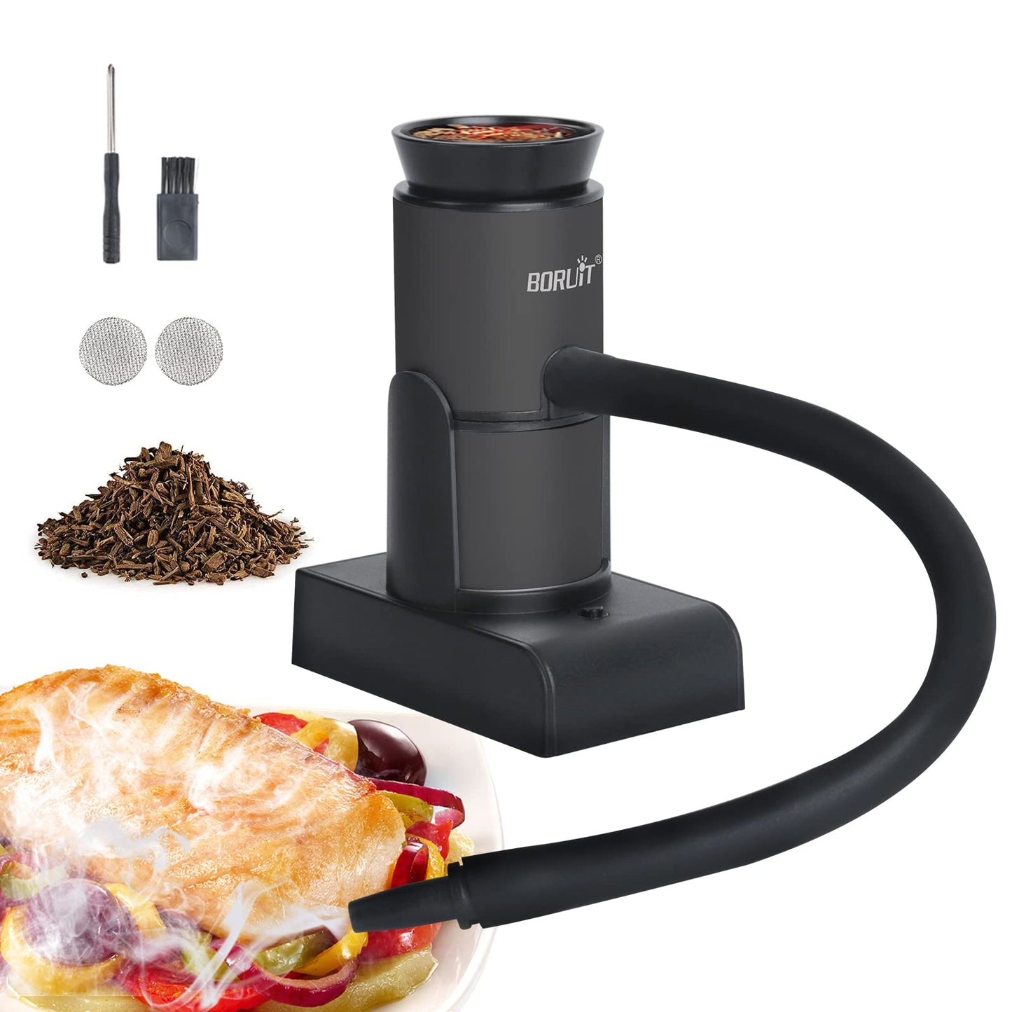 BORUiT Smoking Gun Food Smoker Portable Wood Smoke Infuser with Wood Chips, Food Kitchen Smoker for Sous Vide Meat Salmon Cocktails Cheese BBQ Grill, Great for Foodie Gifts