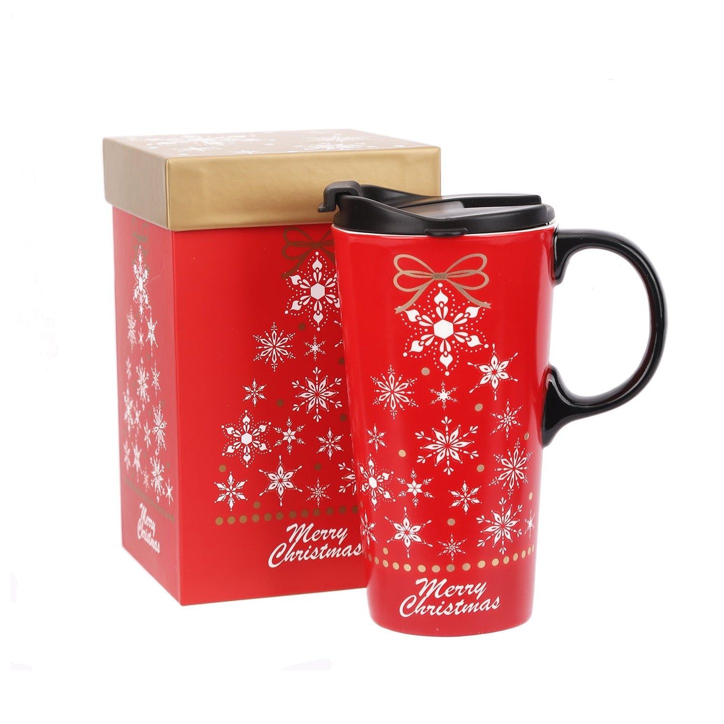 Topadorn Christmas Ceramic Mug Coffee Cup with Sealed Lid and Matched Gift Box Latte Mug 17oz(Snowflake)