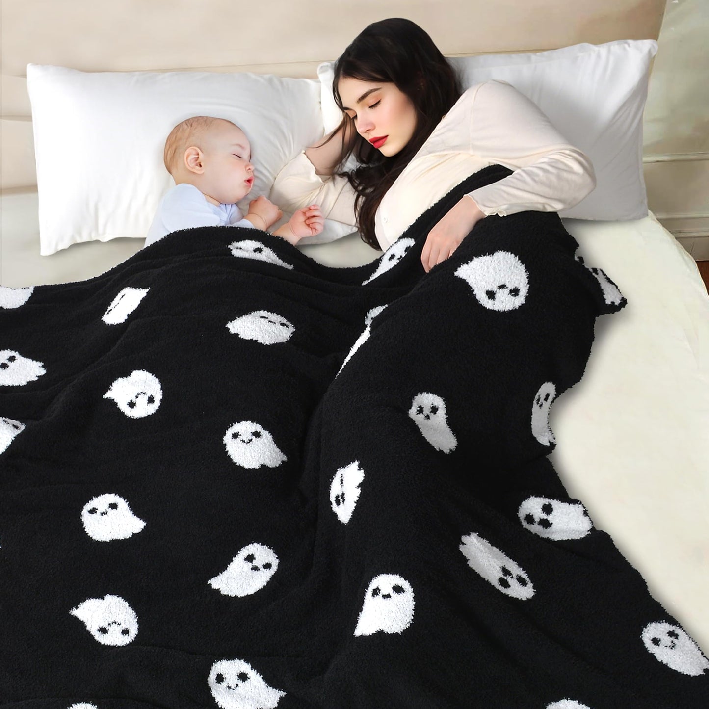 JOOJA Halloween Decor Soft Cozy Kid Blanket for Bed Couch Sofa 50x60 Inch Black Ghost