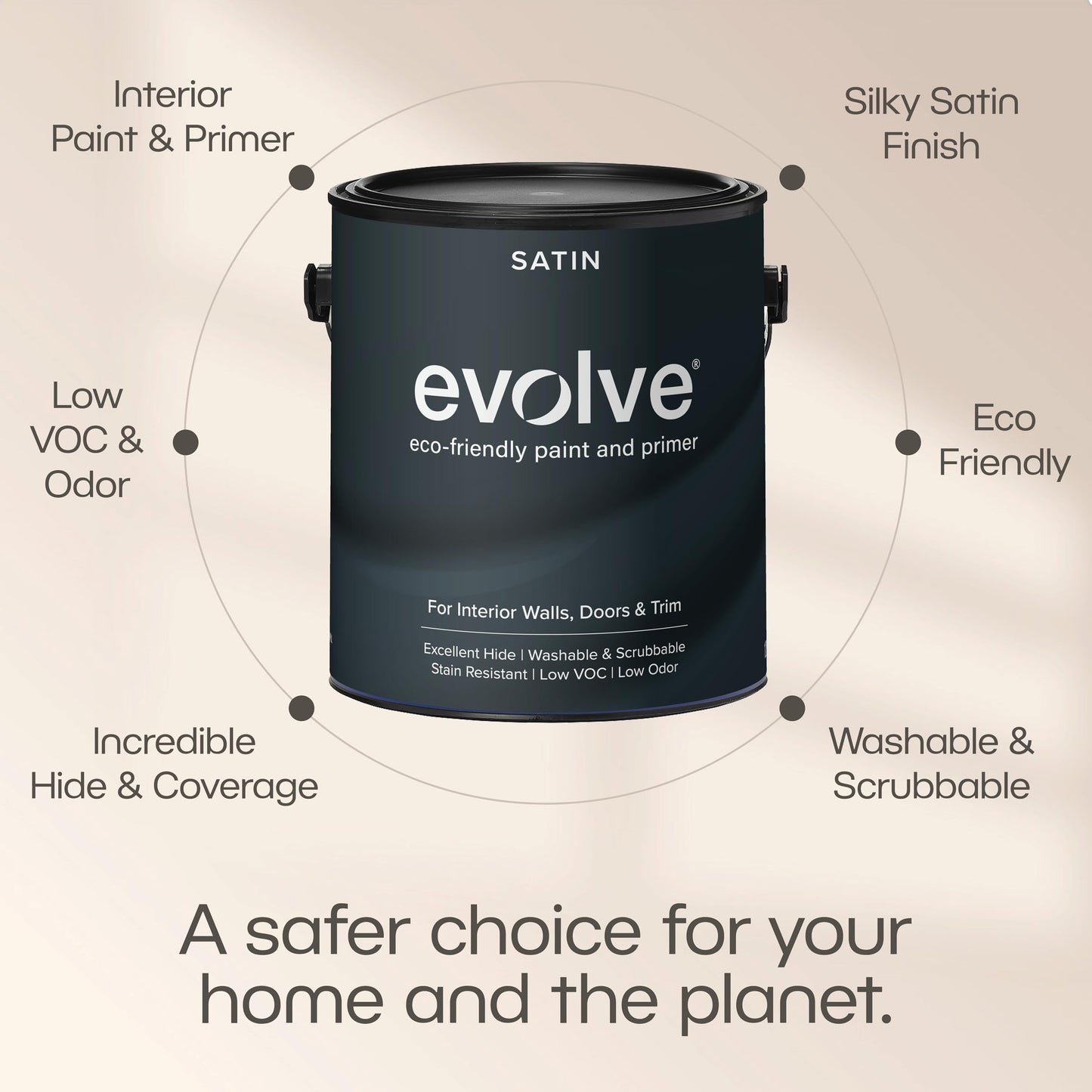 EVOLVE Interior Paint & Primer, Satin (Featherstone), 5 Gallon – Available in 50+ Colors, One-Coat Coverage, Excellent Hide, Low VOC, Low Odor, Washable Interior Paint