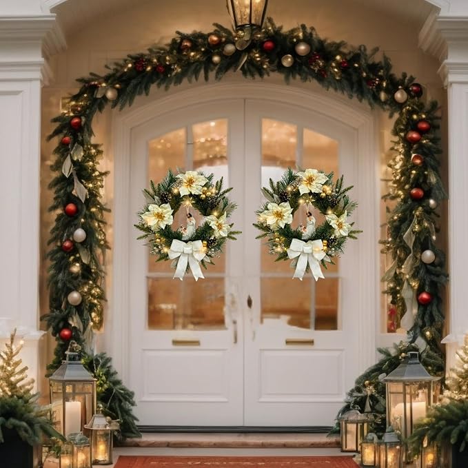 22 Inch Pre-Lit Artificial Christmas Wreath with White Artificial Poinsettia Flowers Jesus Figurine Nativity Scene Glitter Ball Ornaments PineCones Berries for Christmas Decor Front Door