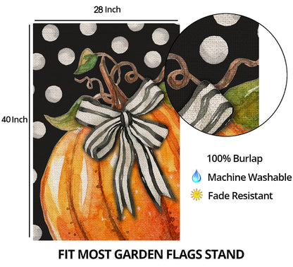 Fall Pumpkin House Flag for Outdoor 28x40 Double Sided,Seasonal Pumpkin with Bowknot White Dots Yard Flags for Outside,Holiday Decorative House Flag for Thanksgiving Farmhouse Autumn Décor