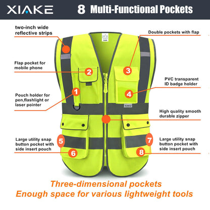 XIAKE High Vis Vests 8 Pockets Reflective Safety Vest Waistcoats for Men Women, Meets ANSI/ISEA Standards(Yellow,X-Large)