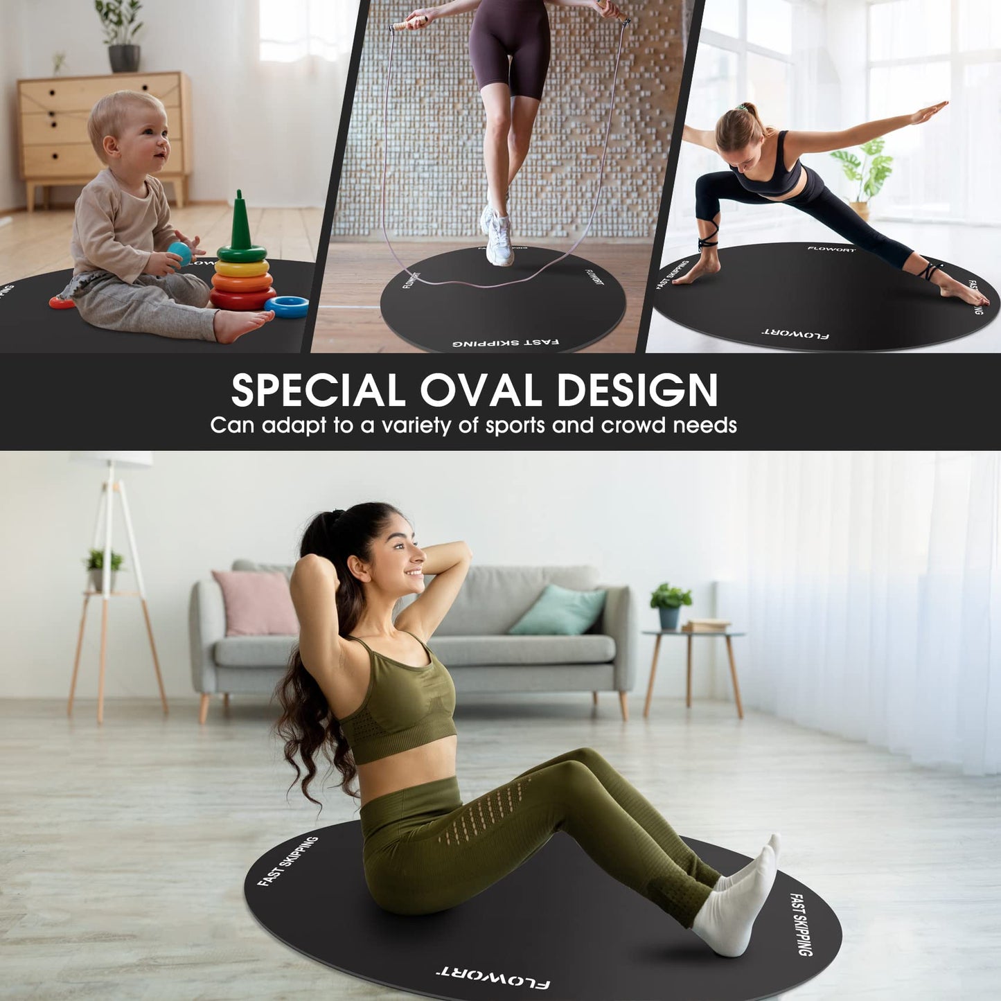 Jump Rope Mat，Large Rubber Exercise Indoor Outdoor，Shock Absorbing Mat Non-Slip Oval Design for Floor & Rope Protection, Workout Mats for Home Gym Flooring(Black)