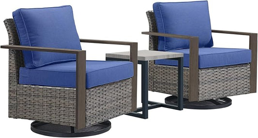 Outdoor Patio Swivel Rocker Chairs - 3 Piece Wicker Patio Furniture Bistro Set with 2 Swivel Rocking Chairs and 1 Metal Side Table,Thick Cushions,Deep Seating for Deck Porch Garden(Mixed Grey/Blue)