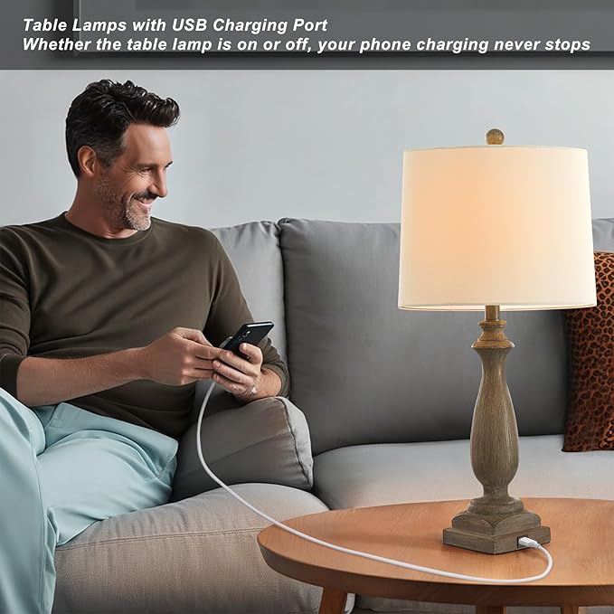 26'' Traditional Table Lamps Set of 2 with USB Charging Port, 3-Way Dimmable Rustic Farmhouse Resin Bedside Lamps for Bedroom, Vintage Nightstand Desk Lamp for Living Room &White Linen Shade