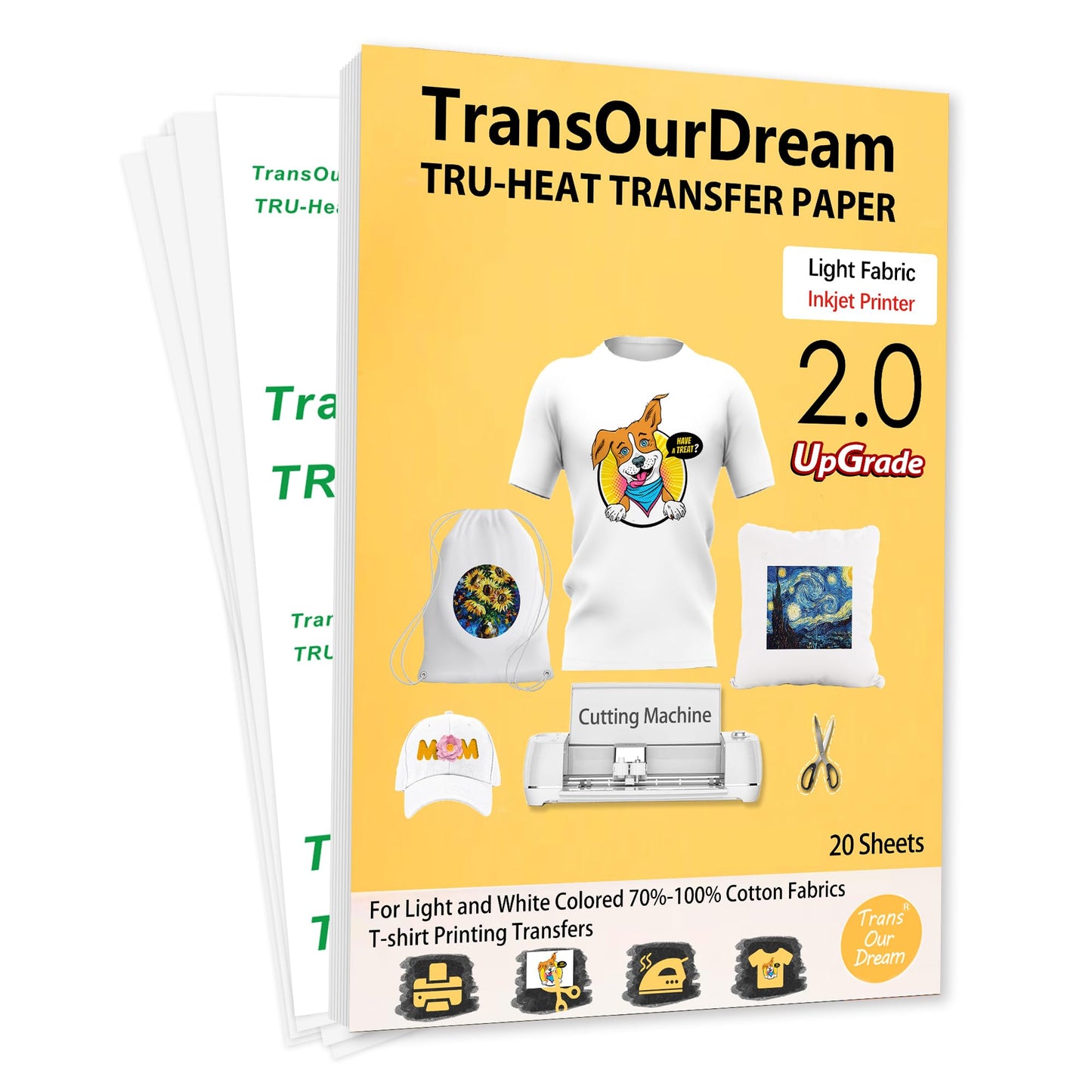 TransOurDream Upgraded Iron on Heat Transfer Paper for T Shirts (20 Sheets, 8.5x11) Iron on Transfers for Light Fabric Printable Heat Transfer Vinyl for Inkjet Printer (TOD-4)