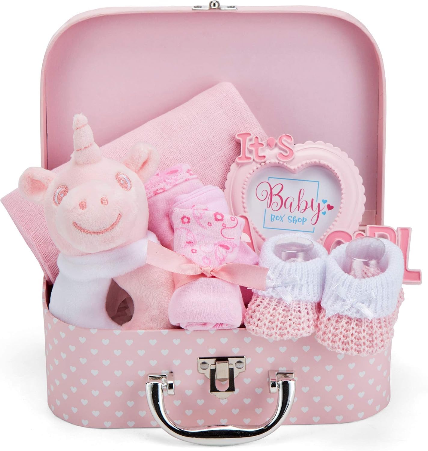 Baby Box Shop - Girl Gift Set, Newborn Essentials, Baby Shower Gifts for Girls, Keepsake Box with Pink Unicorn Rattle, Bib, Booties, Mittens, Hat, Photo Frame & Muslin Cloth - Premium Baby Hamper