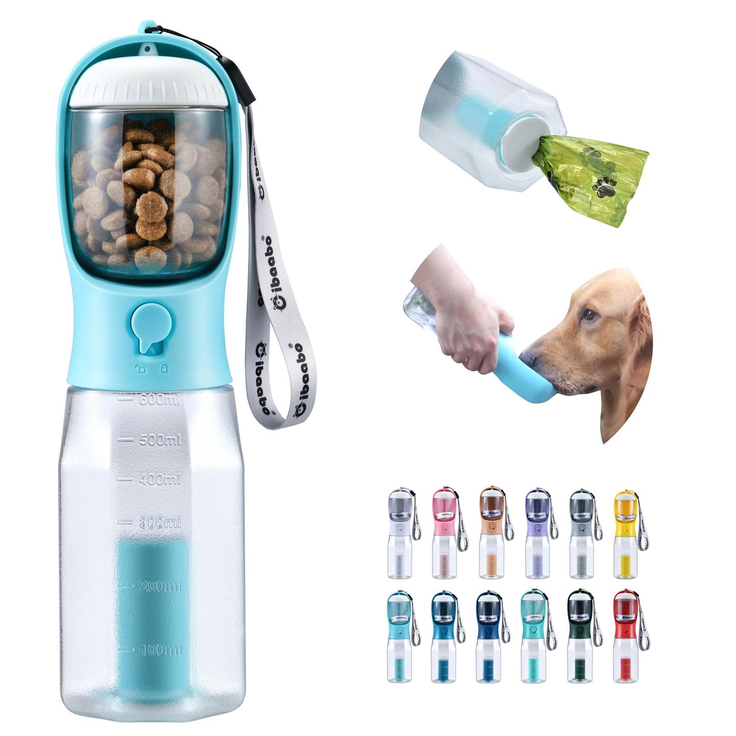 Cibaabo Dog Water Bottle with Food Container & Poop Bag Holder, Travel Water Bowl, Portable Pet Dispenser, Dog Stuff Accessories Items, Puppy Essentials Necessities for Yorkie Chihuahua Walking Hiking