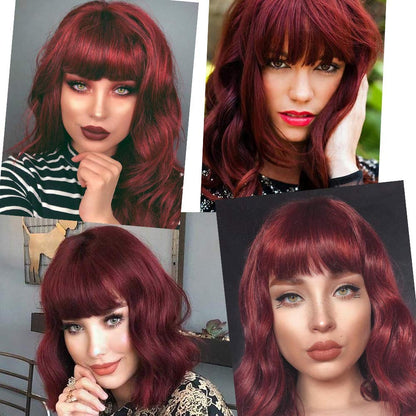 Colorfulpanda Short Bob Wigs for Women Wine Red Wavy Curly Wig with Bangs Natural Synthetic Heat Resistant Hair Wig Cosplay or Daily Use 14 Inch