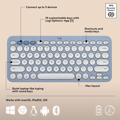Logitech Pebble Keys 2 K380s, Multi-Device Bluetooth Wireless Keyboard with Customizable Shortcuts, Slim and Portable, Easy-Switch for Windows, macOS, iPadOS, Android, Chrome OS - Tonal Graphite