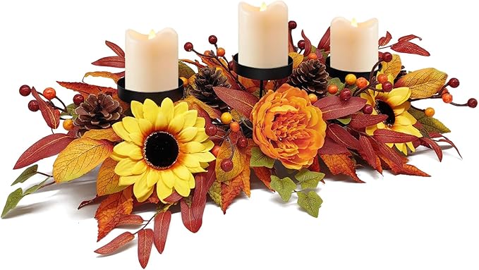Fall Centerpiece Table Decorations, 27.5'' L Assorted Artificial Peony, Sunflowers, Berries, Autumn Leaves, Pine Cones, Harvest Table Candle Holder for Dinning Table, Fireplace (Candle Not Included)