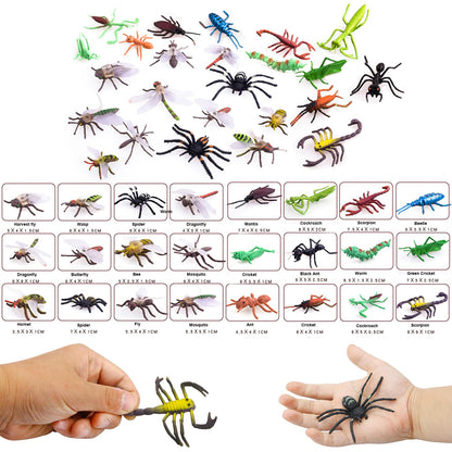 PINOWU Insect Toy Figures for Kids - 24pcs, 2-4' Fake Bugs - Spiders, Cockroaches, Scorpions, Crickets, Lady Bugs, Mantis & Worms for Education & Party Favors