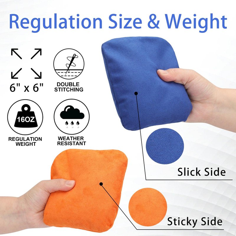 EunHo Regulation Cornhole Bags Set of 8 - Dual Sided Slick and Stick Cornhole Bean Bag for Tossing Game Professional All Weather Pro Corn Hole Bags with Tote Bag (Blue/Orange)