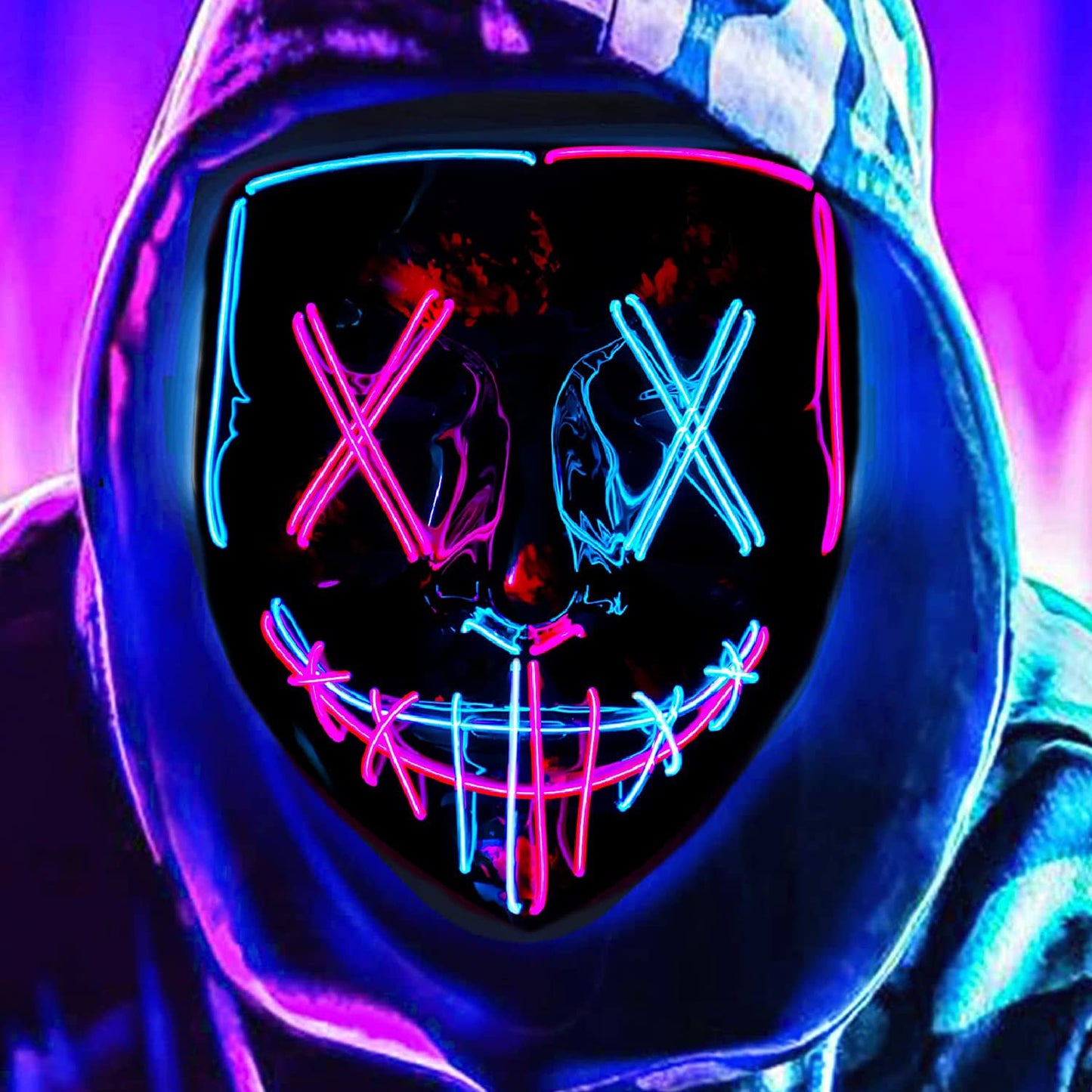 DWTECH LED Halloween Mask - Light Up Mask LED Masks EL Wire Scary Mask for Masquerade Cosplay Light Up Face Mask for Kids Men Women Halloween Festival Party (Ice Blue&Pink A)