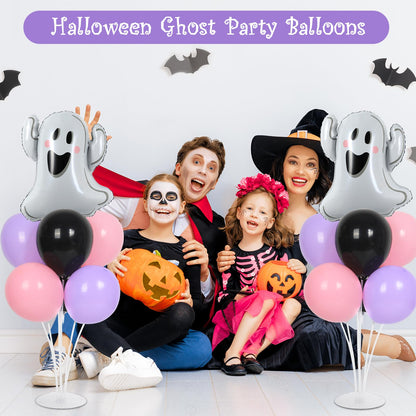 Halloween Ghost Party Balloons Stand Kit 2 Sets with 2 White Ghost Foil Balloons Pink Black and Purple Balloon Centerpiece for Tables for Trick or Treat Baby Shower Horror Birthday Party Decorations