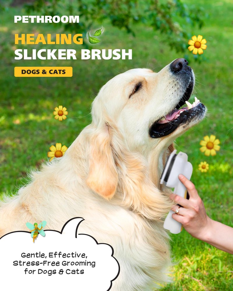 PETHROOM Self-Cleaning Slicker Brush for Dogs & Cats – Gentle Grooming & Deshedding Tool, Removes Mats & Tangles, Skin-Friendly Coated Tips, One-Touch Hair Removal Button