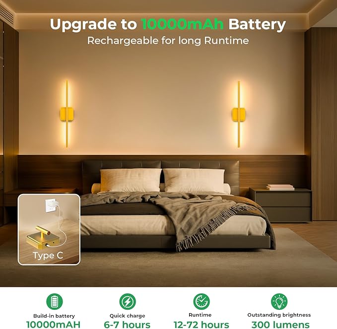 1 Pack 10000mAh Detachable Battery Operated Wall Sconce, 360°Rotate Wireless Wall Light,3000-6500K Dimmable, Rechargeable Wall Lamp for Bedroom, Living Room, 28.3 Inch Gold