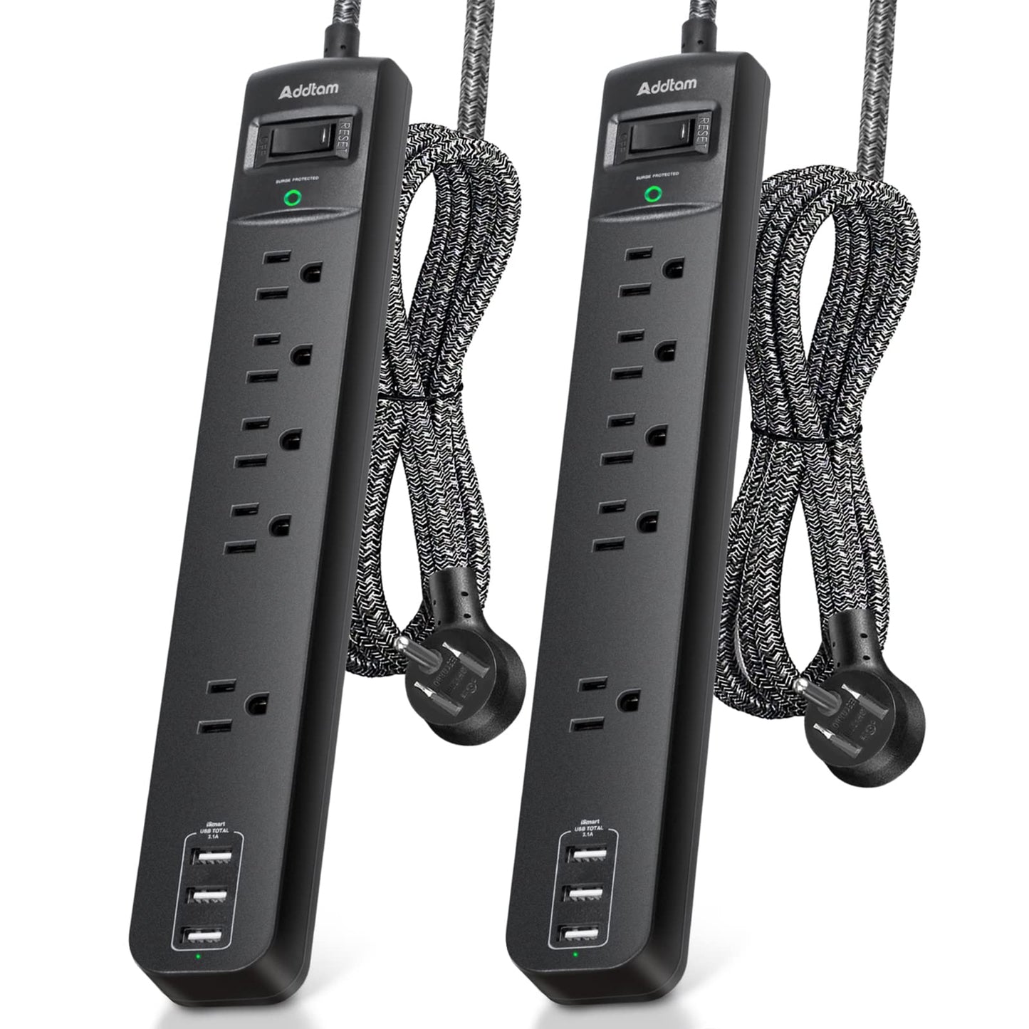2 Pack Power Strip Surge Protector - 5 Widely Spaced Outlets 3 USB Charging Ports, 1875W/15A 6Ft Braided Extension Cord, Flat Plug Overload Protection, Wall Mount for Home Office Dorm Room Essentials