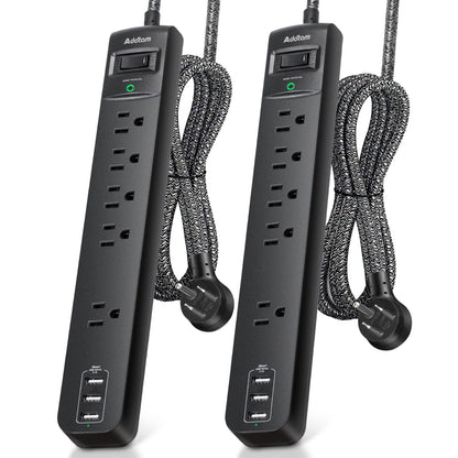 2 Pack Power Strip Surge Protector - 5 Widely Spaced Outlets 3 USB Charging Ports, 1875W/15A 6Ft Braided Extension Cord, Flat Plug Overload Protection, Wall Mount for Home Office Dorm Room Essentials