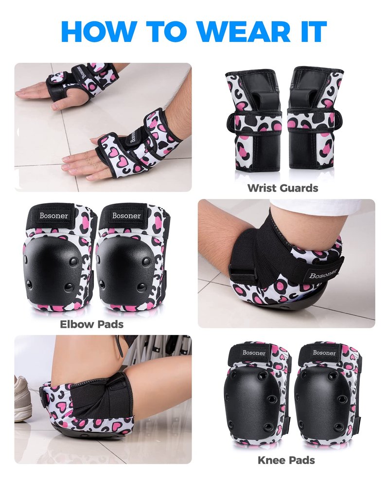 BOSONER Adult/Women/Kid Knee Pads Elbow Pads Wrist Guard 6 in 1 Protective Gear Set for Skating Skate Skateboarding BMX Bicycle Inline Roller for Men Women Child Kids
