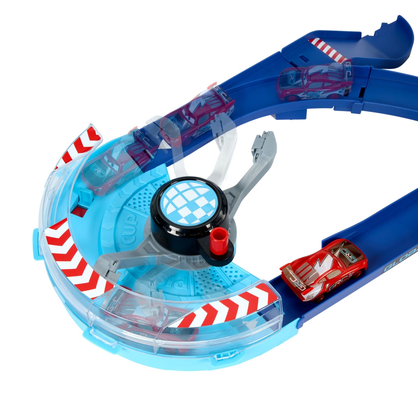 Mattel Disney and Pixar Cars Playset with 2 Toy Cars, Lightning McQueen & Francesco Bernoulli, GRC Jumping Raceway Track Set with Kid-Powered Booster, HXJ32