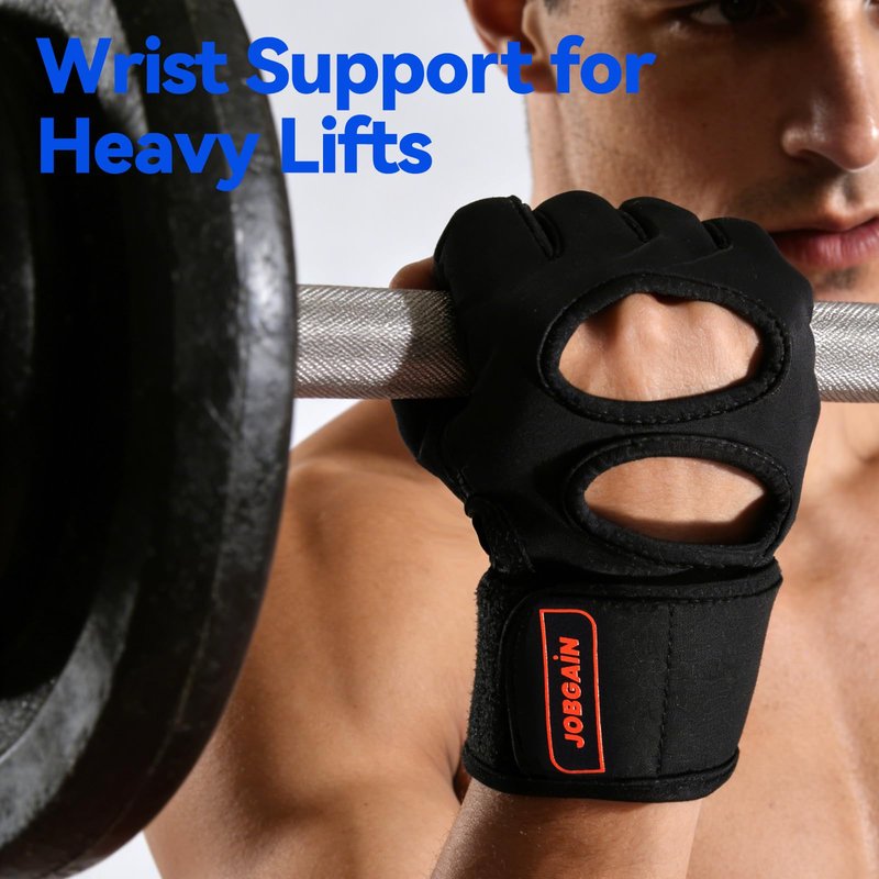 JOBGAIN Workout Gloves for Men and Women, Gym Weight Lifting Padded Gloves with Wrist Wrap Support, Full Palm Protection & Extra Grips, for Weightlifting, Exercise, Pull-Up, Black, Size M