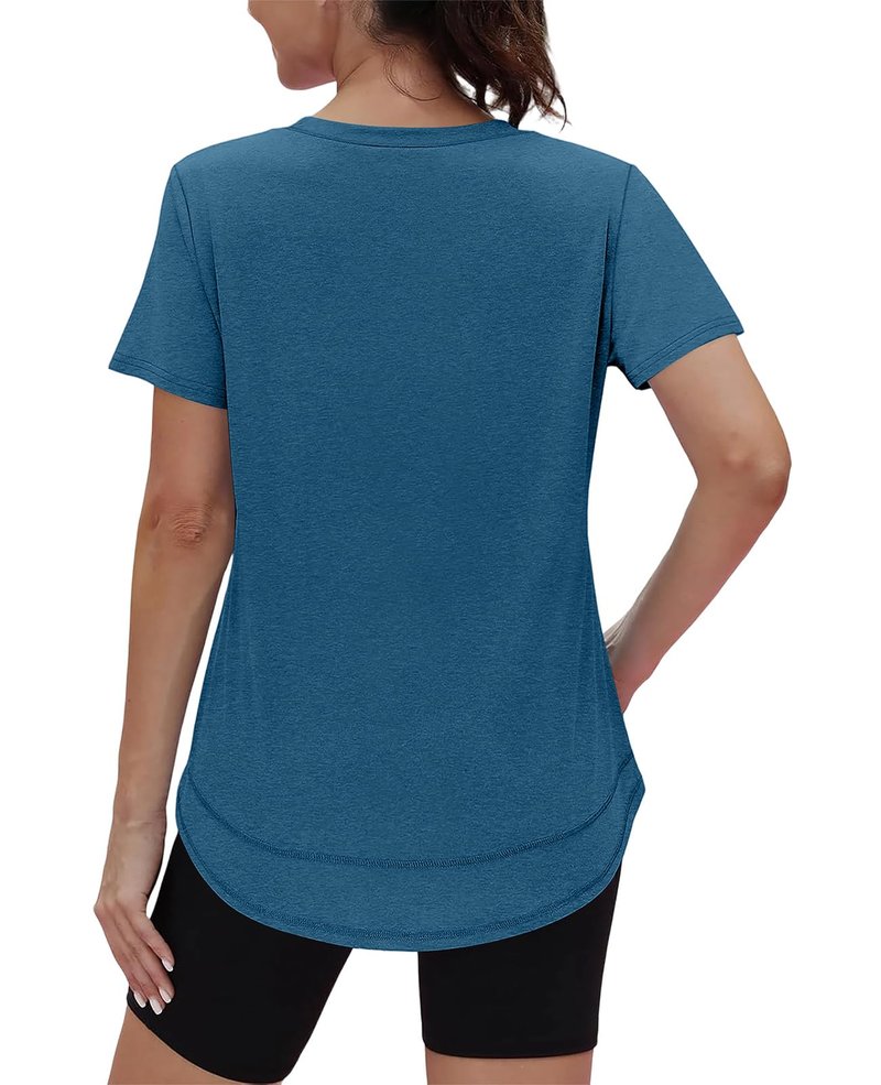 Short Sleeve Shirts for Women Workout Pilates Outfits Tennis Summer Tops 2026 Beach Vacation Clothes V Neck Blue Green M