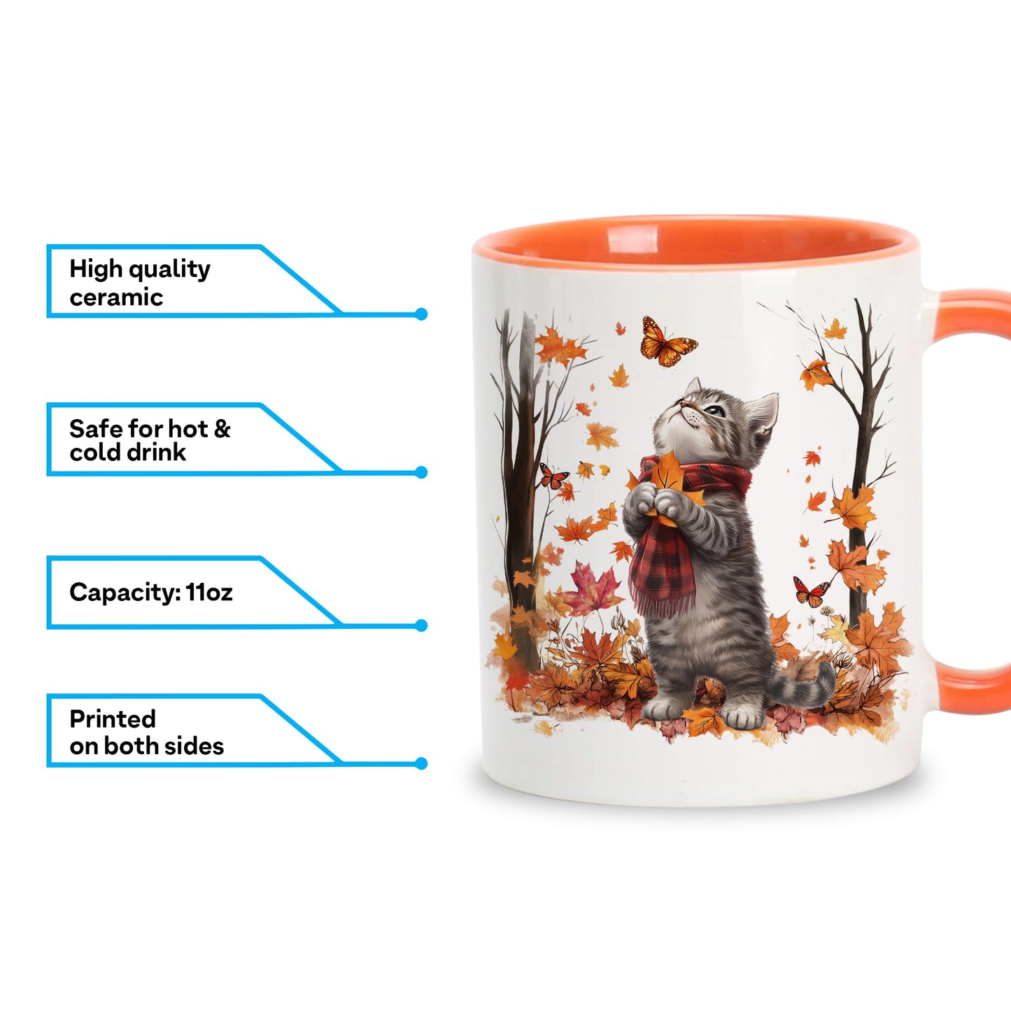 Hyturtle Fall Cat Maple Leaves Coffee Mug with Spoon, Birthday Gifts For Cat Lovers, Fall Autumn Decor Gifts For Farmhouse Thanksgiving, Cute Autumn Mug, 11oz Two Tone White Ceramic Coffee Tea Cup