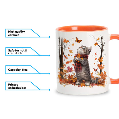 Hyturtle Fall Cat Maple Leaves Coffee Mug with Spoon, Birthday Gifts For Cat Lovers, Fall Autumn Decor Gifts For Farmhouse Thanksgiving, Cute Autumn Mug, 11oz Two Tone White Ceramic Coffee Tea Cup