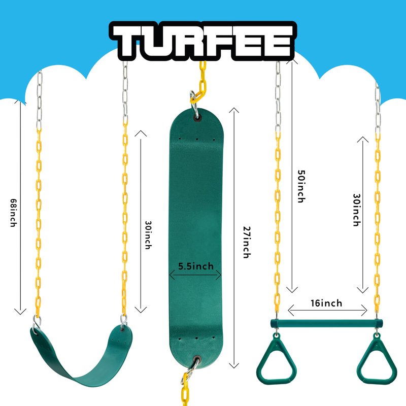 TURFEE 3 Pack Assorted Swing Set, Including 1 Gym Rings Trapeze Bar and 2 Pcs Swings with Plastic Coated Chain, Swingset Accessories Replacement for Kids Outdoor Play, Playground- Green