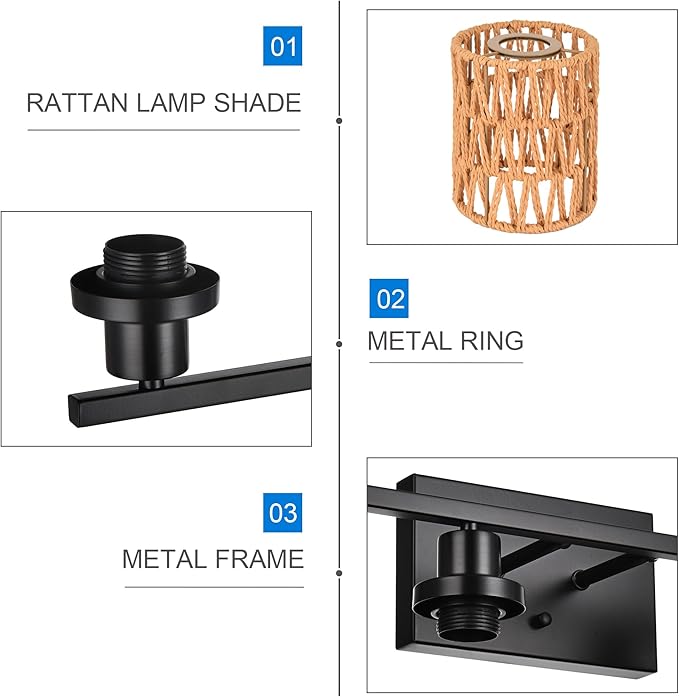 MELUCEE 3 Light Bathroom Vanity Light Rattan Wall Sconce 24 Inches Farmhouse Bathroom Light Fixtures with Rattan Lamp Shade, Black Finish, Suitable for Kitchen Hallway Living Room