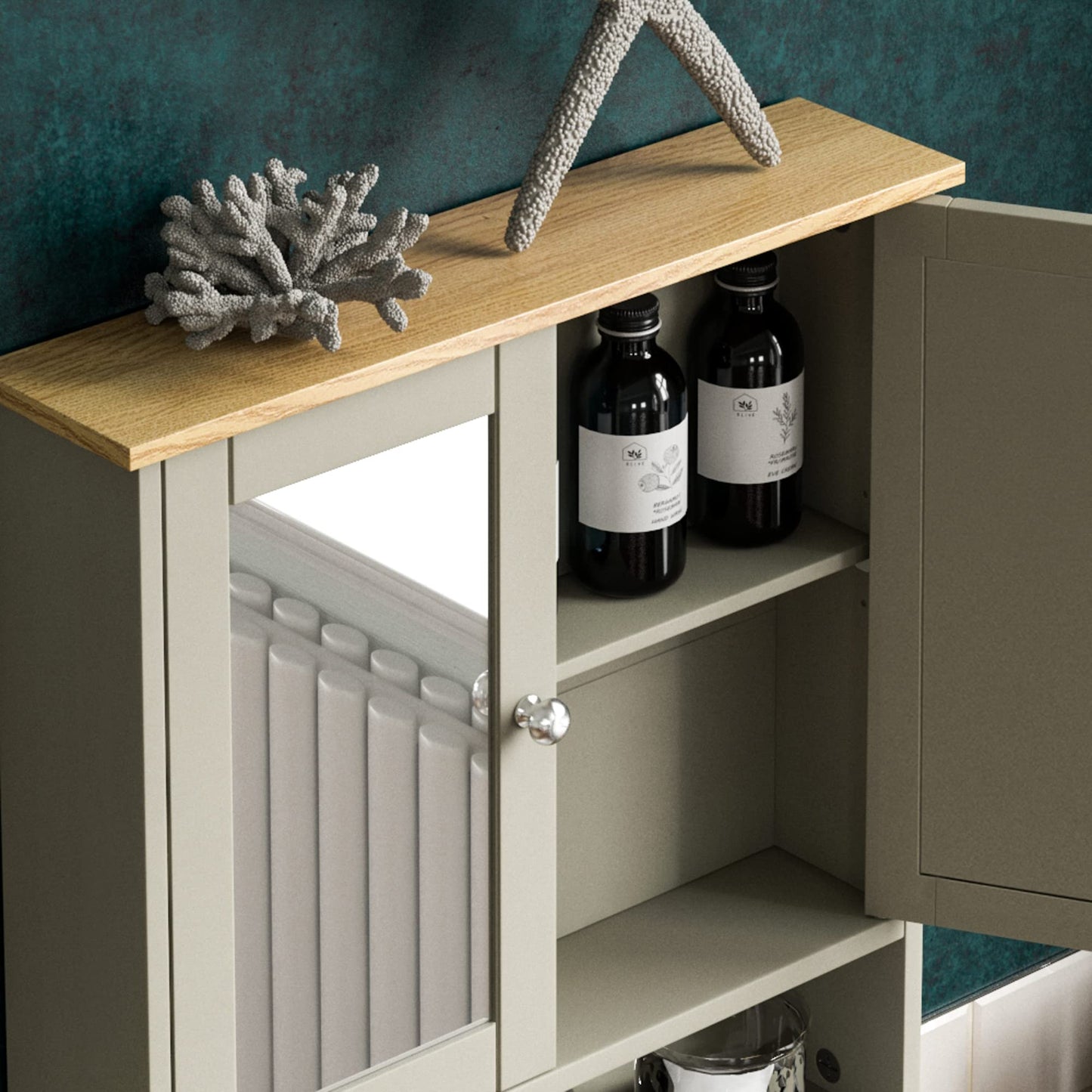 Bath Vida Priano Double Door Bathroom Cabinet, Wood, Grey & Oak, Mirrored Wall Mounted Storage Furniture