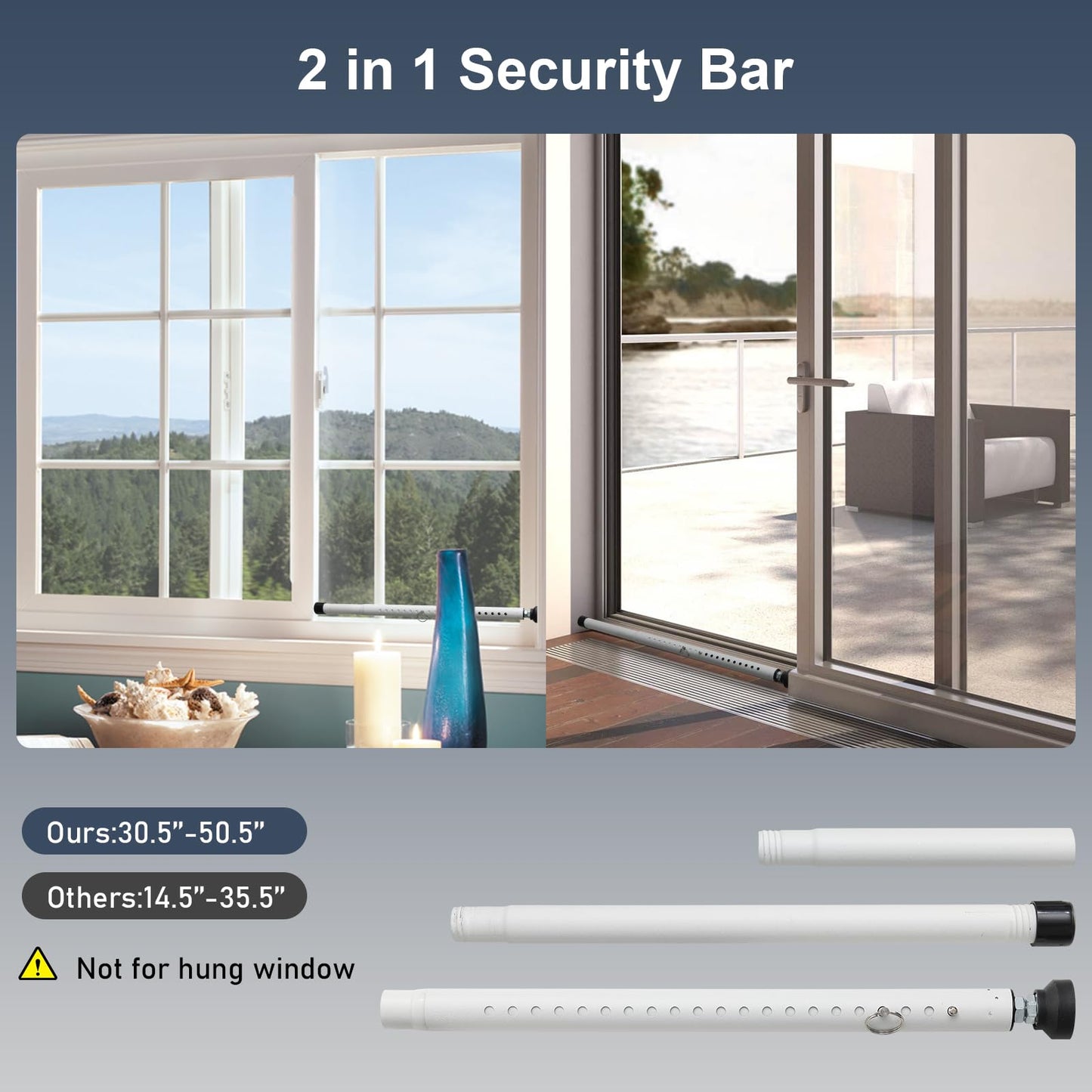 DIIG Sliding Door Security Bar，17.7-50.5inch Adjustable Locking Window Safety Bar with Rubber Tips,Diameter 1inch Window Security Bar for Home Apartment Travel (White)