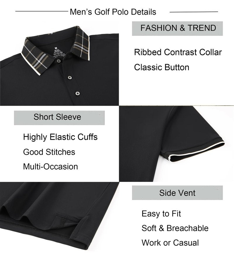 Alex Vando Mens Golf Shirts Moisture Wicking Quick-Dry Short Sleeve Fashion Designed Polo Shirts for Men,Black,M