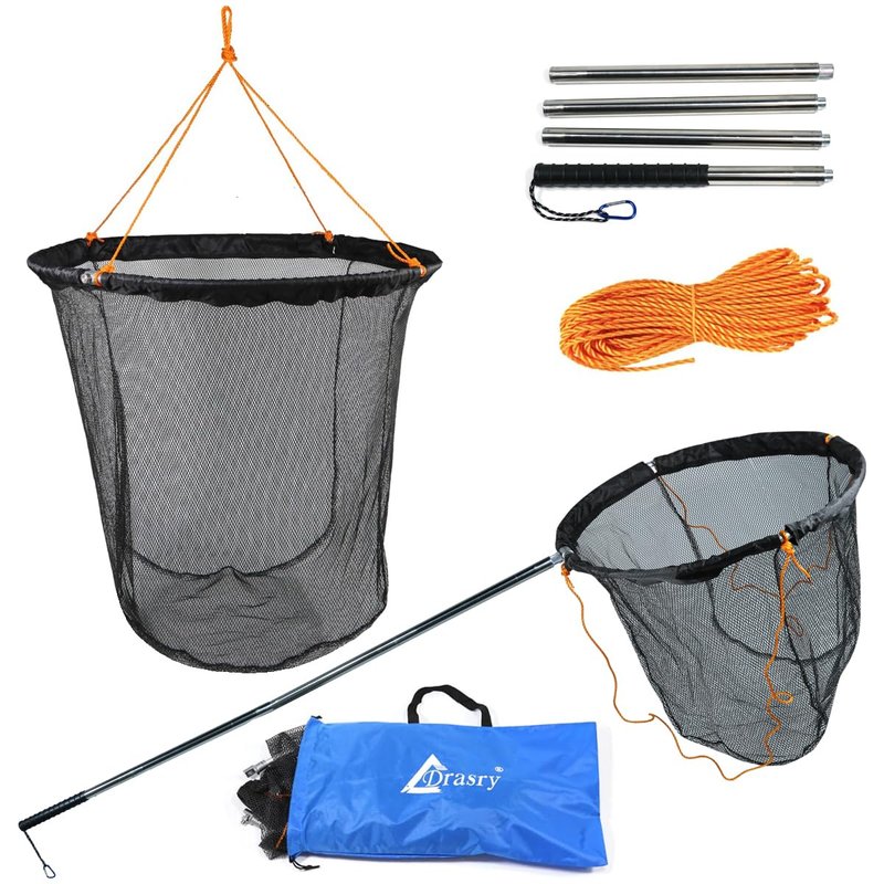 Drasry Large Collapsible Bridge Pier Fishing Net Landing Net with Rod, High Load Aluminum Ring Drop Net for Saltwater and Freshwater Rubber Coated Basket with 49.2 ft Rope 23.6 * 23.6 * 27.5 in