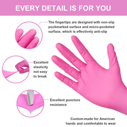 FINITEX Pink Nitrile Disposable Latex-Free Gloves - 3.5mil 100PCS/Box 9inch Long Powder-Free Guantes de Nitrilo Cleaning Medical Exam Food Cooking Glove (100, Medium)