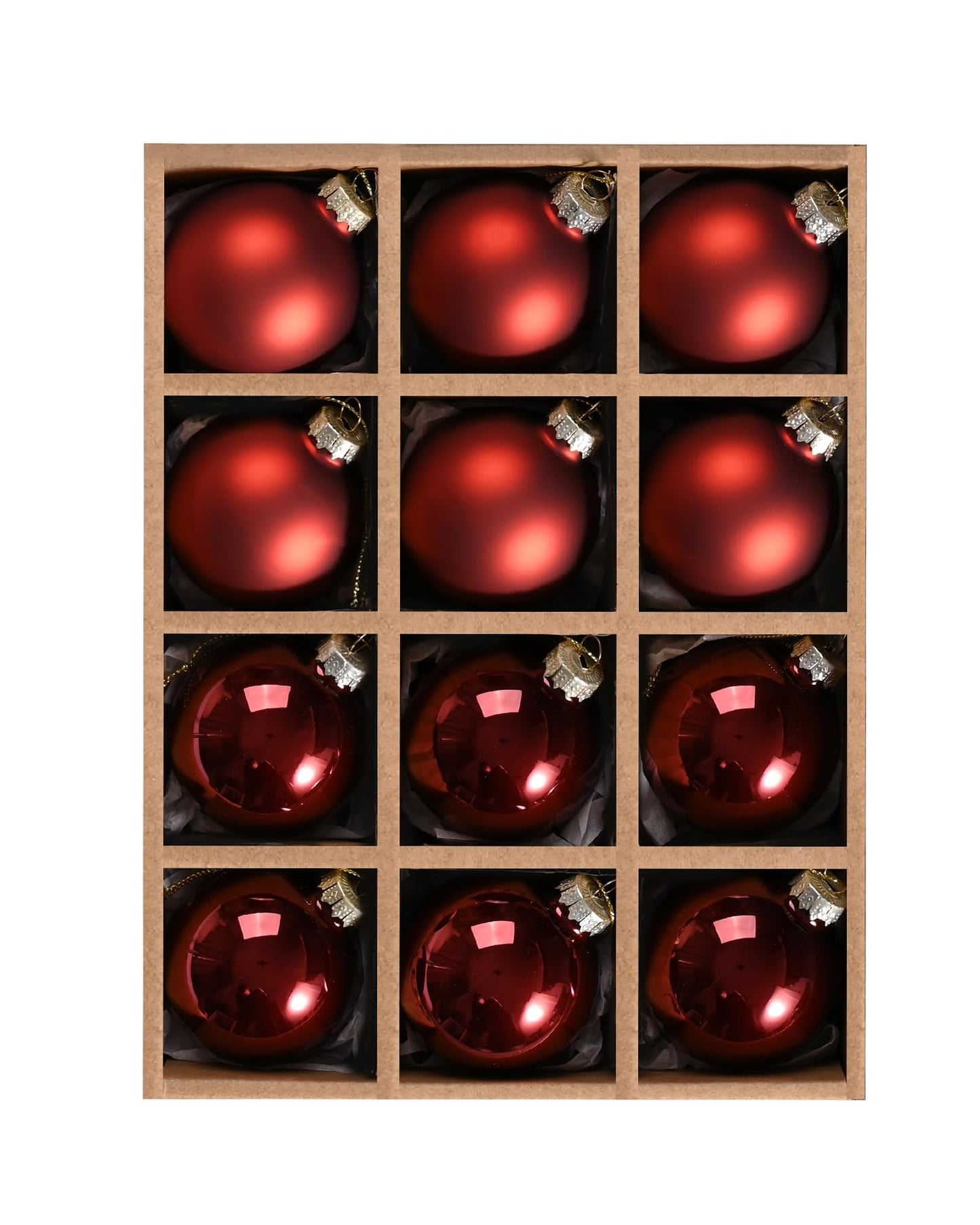 WDS WONDROUS Glass Christmas Hanging Ball Ornaments, Set of 12 Decorative Balls for Xmas Tree Decoration, Shiny and Matte Deep Red Christmas Ornaments
