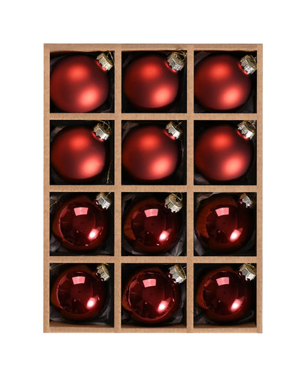 WDS WONDROUS Glass Christmas Hanging Ball Ornaments, Set of 12 Decorative Balls for Xmas Tree Decoration, Shiny and Matte Deep Red Christmas Ornaments