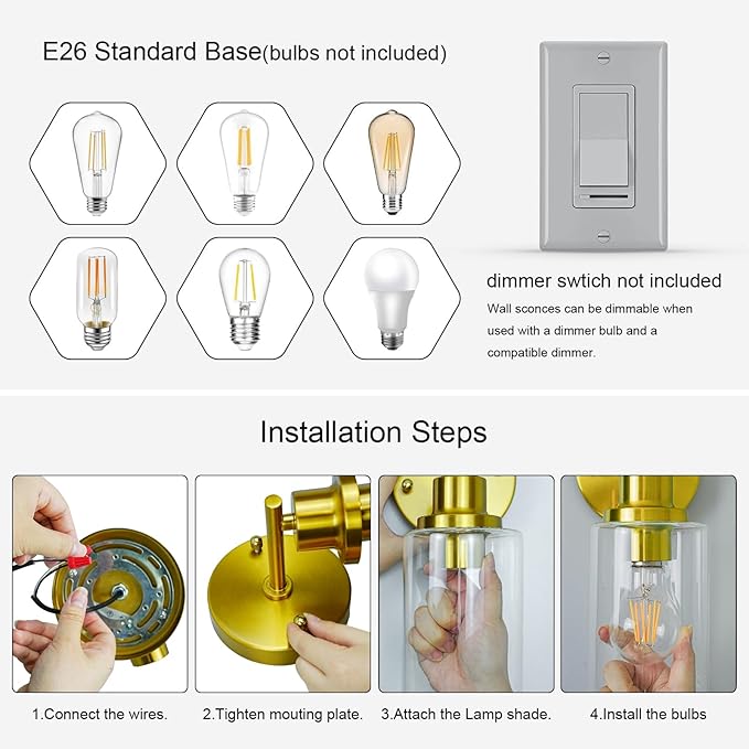 GORDNWE 1-Light Bathroom Wall Sconce, Brushed Gold Vanity Light, Modern Wall Light Fixture with Clear Glass Shade and E26 Bulb Base, Wall Lamp Wall Mount Light Fixtures for Mirror, Bedroom, Hallway