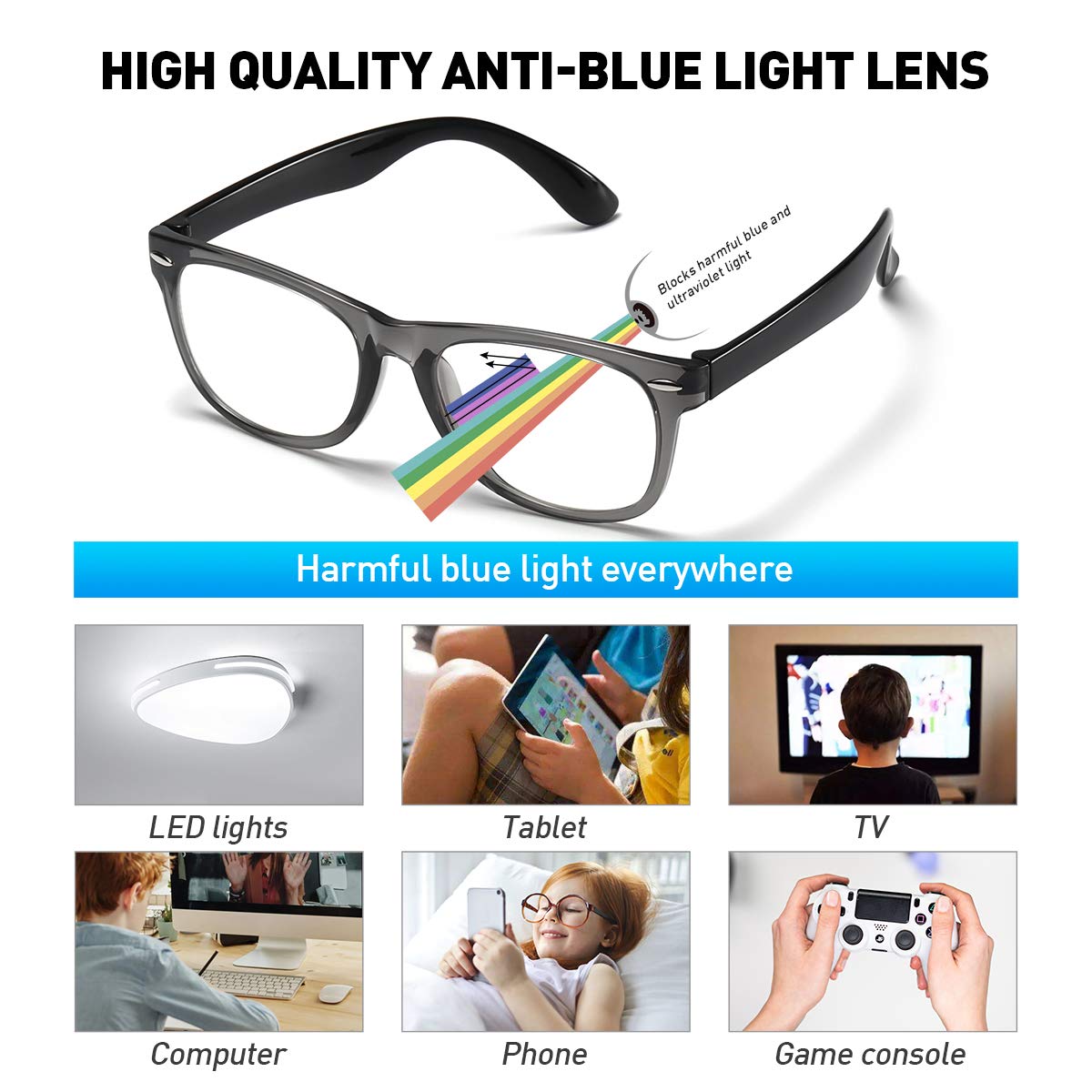 DYLB Kids Blue Light Blocking Glasses girls boys 2 pack, computer video gaming glasses for kids girls boys Age 3-10,Anti blue light & Headache (transparent black + transparent)