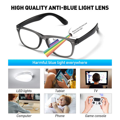 DYLB Kids Blue Light Blocking Glasses girls boys 2 pack, computer video gaming glasses for kids girls boys Age 3-10,Anti blue light & Headache (transparent black + transparent)