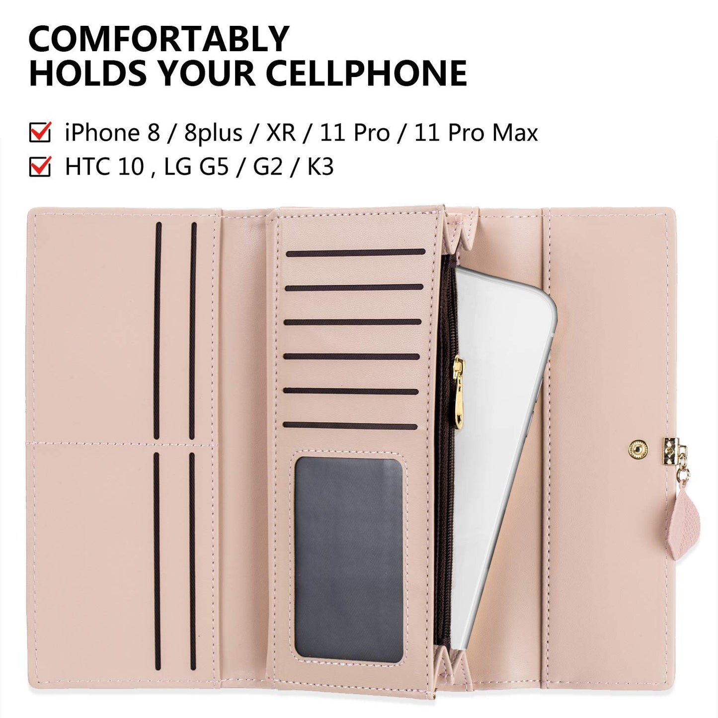 Roulens Ladies Purse, RFID Blocking PU Leather Wallet for Women Leaf Pendant Zipper Coin Purse with Multiple Card Slots and Roomy Compartment