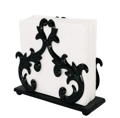 Owlgift Baroque Black Napkin Holder – Decorative Metal Tissue Rack for Tabletop, Mail, or Bill Organizer – 6 x 2 x 5.3 Inches, Glossy Finish for Home or Restaurant Use