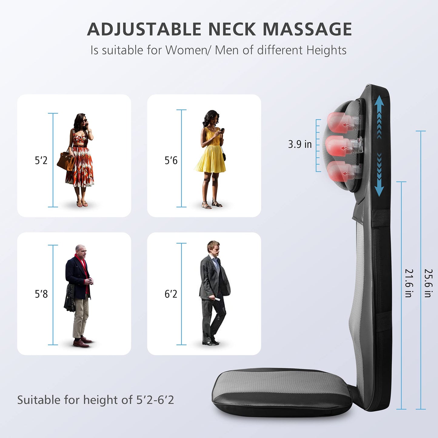 Snailax Shiatsu Neck Back Massager with Heat, Massage Chair Pad with Compression, Height-Adjustable Neck Massage Rollers Chair Seat Massager, Gifts for Men, Women