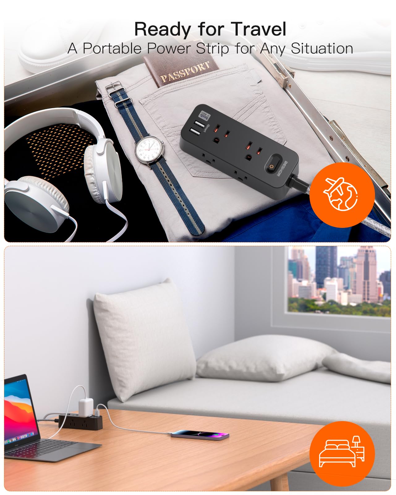 Power Strip Surge Protector, BESHON 5Ft Extension Cord, 6 Outlets with 4 USB Ports (2 USB C Outlet), 3-Side Outlet Extender, Wall Mount, Compact for Travel, Home, School, College Dorm Room and Office