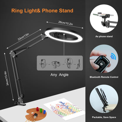 Evershop Ring Light with Tripod Stand & Phone Holder Overhead Mount,10" Ringlight Desk Streaming Phone Halo Light Flexible 3 Light Colors+10 Brightnesses 360°Rotatable Lighting Tiktok YouTube,CRI>95
