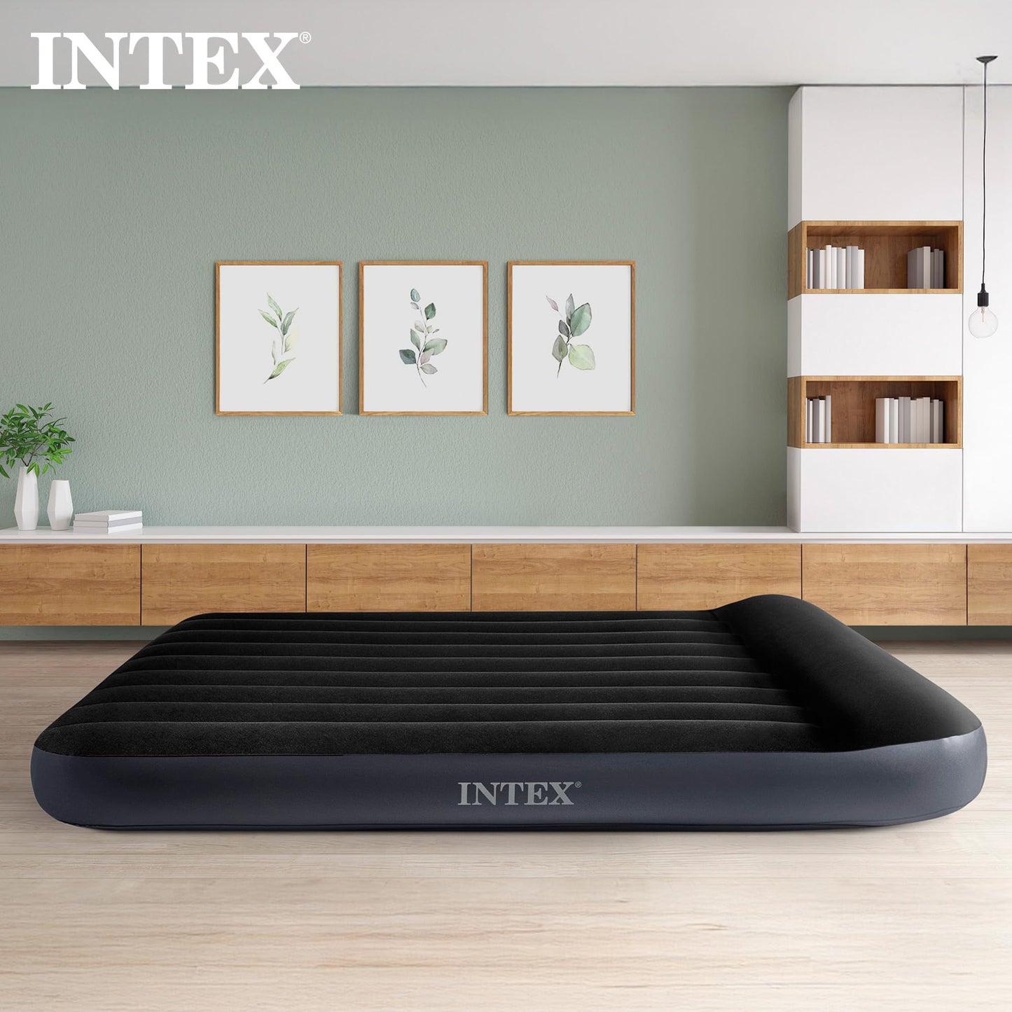 INTEX 64147ED Dura-Beam Standard Pillow Rest Air Mattress: Fiber-Tech – Full Size – Built-in Electric Pump – 10in Bed Height – 600lb Weight Capacity