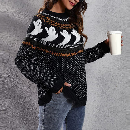 JUNBOON Women Vintage Polka Dot Halloween Knitted Sweater Long Sleeve Crewneck Cute Ghost Pattern Streetwear Jumper
