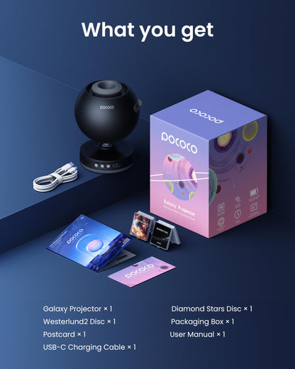 POCOCO Galaxy Projector, Star Projector Night Light, Home Planetarium for Children and Adults; in Bedrooms, Interiors; for Decoration, Sleep Aid and Relaxation - with 2 Discs